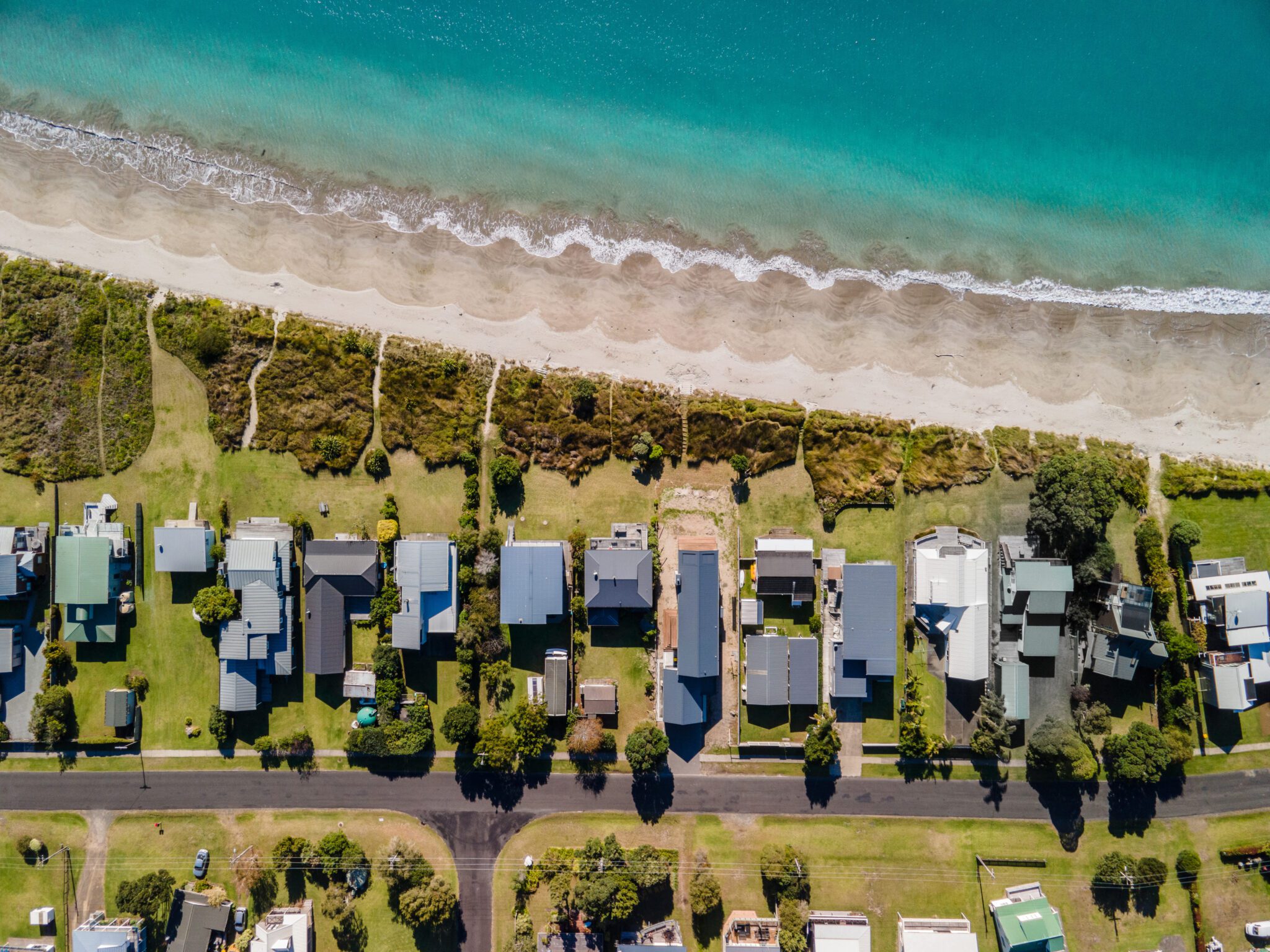 Aerial view of beachfront homes